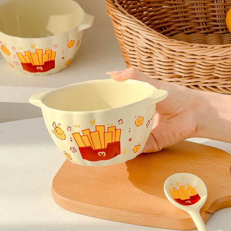 French Fries Ceramic Double Handle Bowl with Spoon