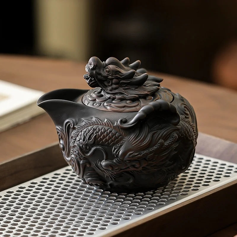 Jianshui Clay Purple Pottery Carving Dragon Teapot