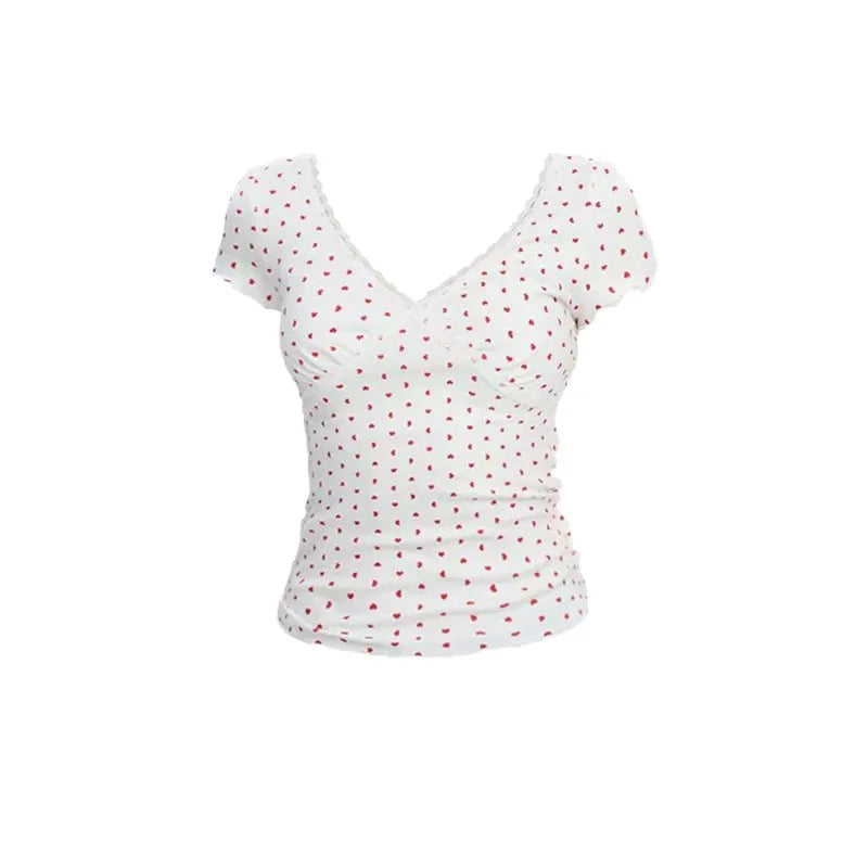 V-neck Lace Stitching Short-sleeved T-shirt
