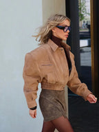 Chaquetas Cortas Sólidas para Mujer Moda Solapa Cremallera Manga Larga Bolsillo Abrigo Corto Otoño 2025 Informal Streetwear para Mujer Nueva Prenda Exterior
