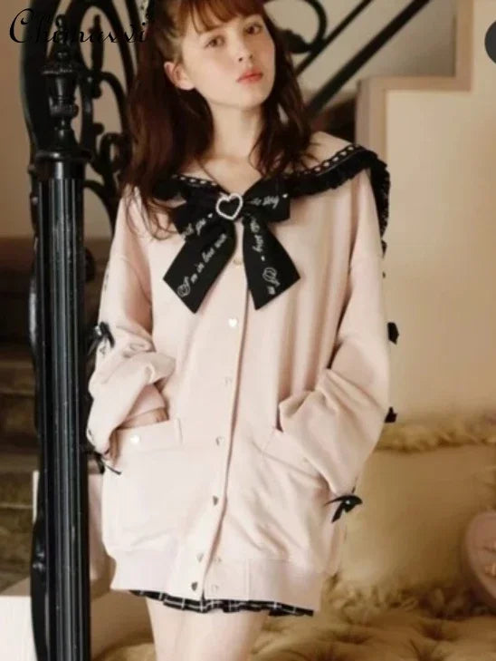 Sudadera japonesa Liz Mine masivamente producida con cuello marinero, lazo de cinta, estilo preppy dulce, Y2K, para mujer, otoño, bonita, oversize