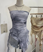 Tie-Dye Mesh Ruffle Edge Asymmetric Tube Top