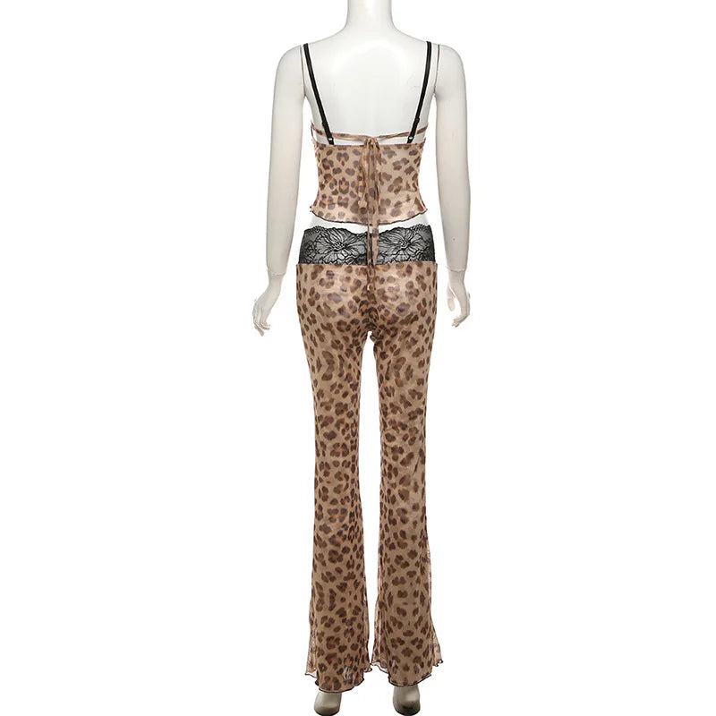 Lace Patchwork Leopard Print Sheer Mesh 2 Piece Set