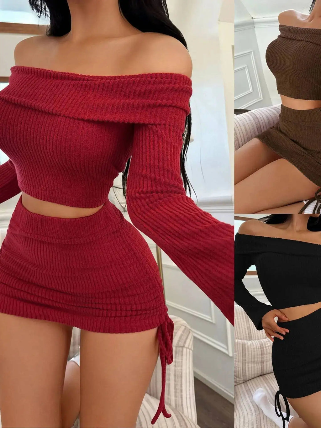 Off-The-Shoulder Solid Color Skirt Set