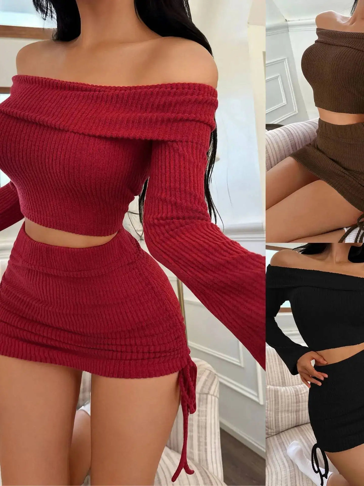 Off-The-Shoulder Solid Color Skirt Set