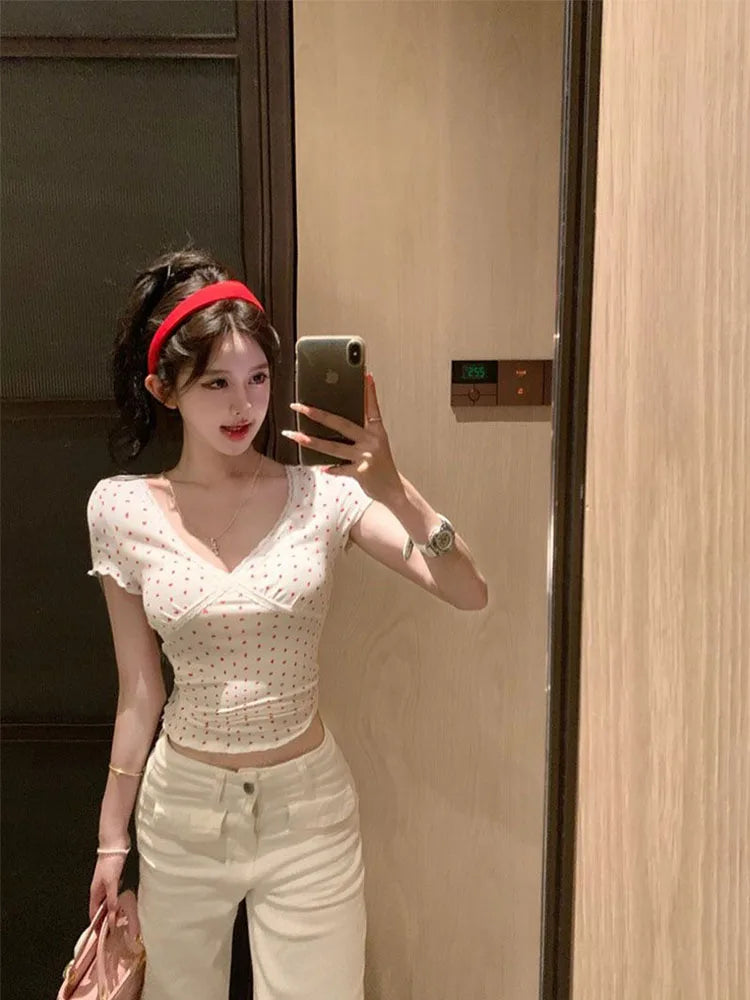 V-neck Lace Stitching Short-sleeved T-shirt