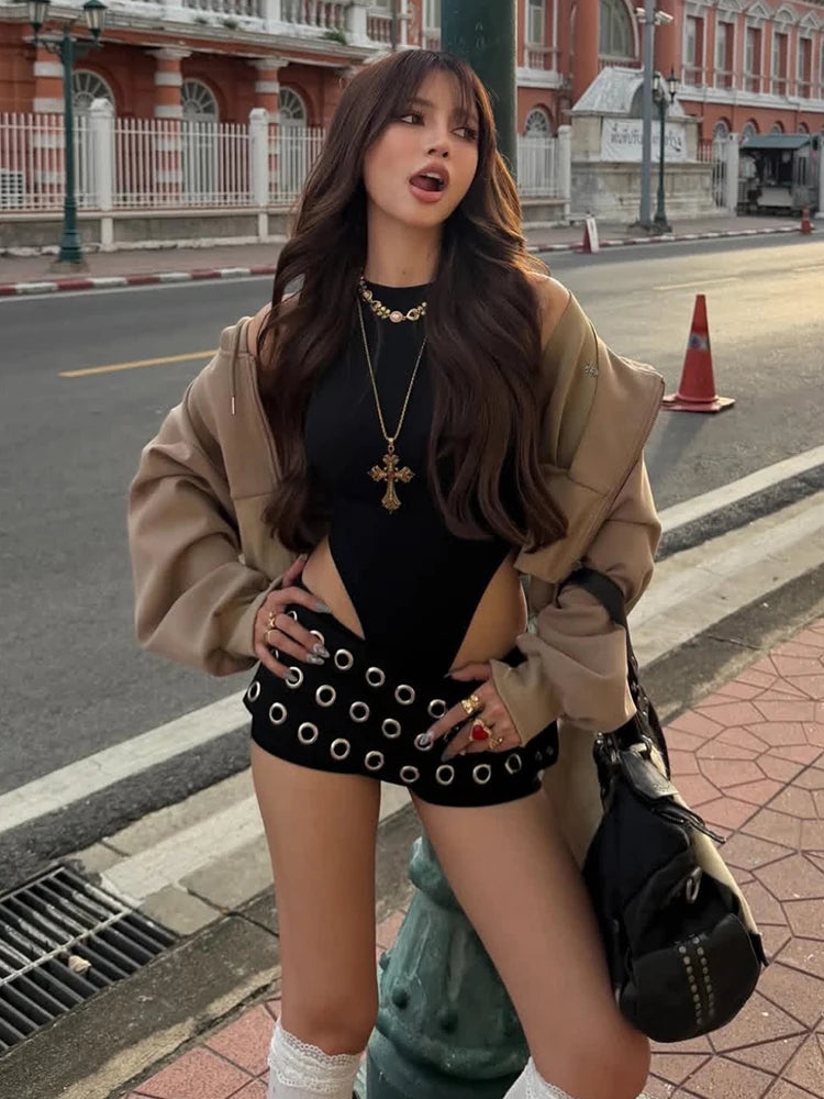 Metal Hollow Rivet Patchwork Shorts