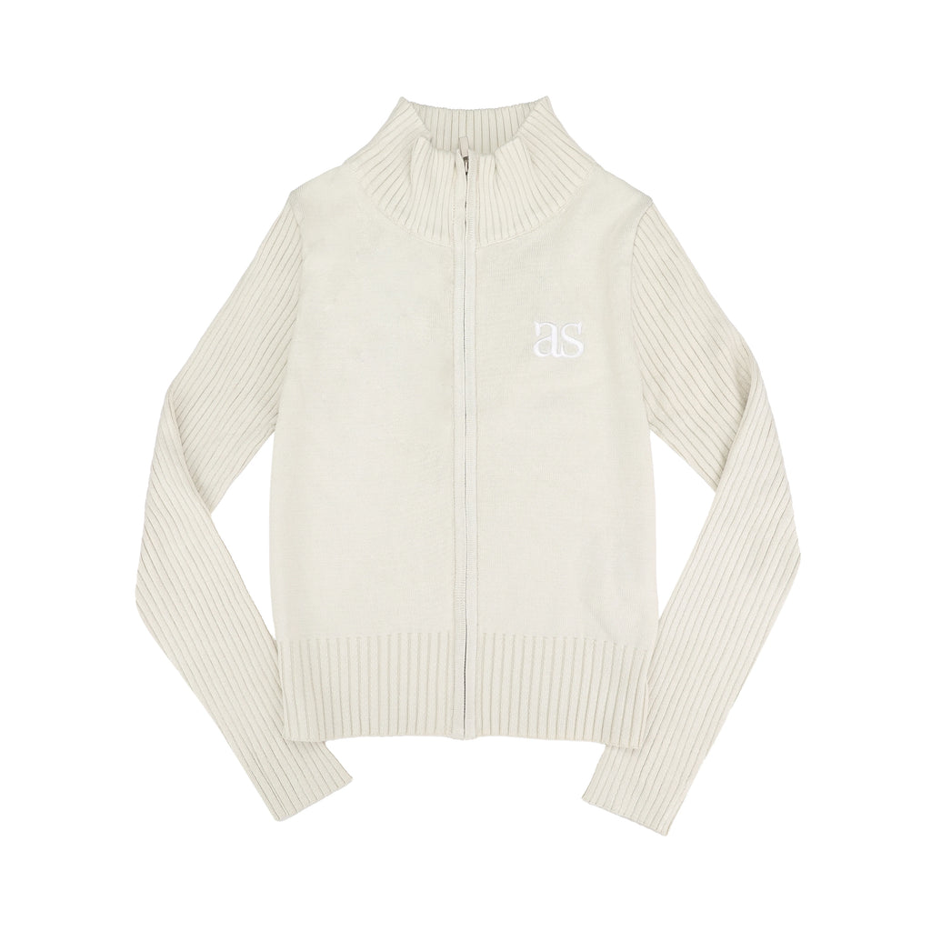 [REコンテナ]Chaqueta de punto con cremallera, cuello alto, color beige liso, estampado con letras bordadas, estilo dulce y atrevido, en stock