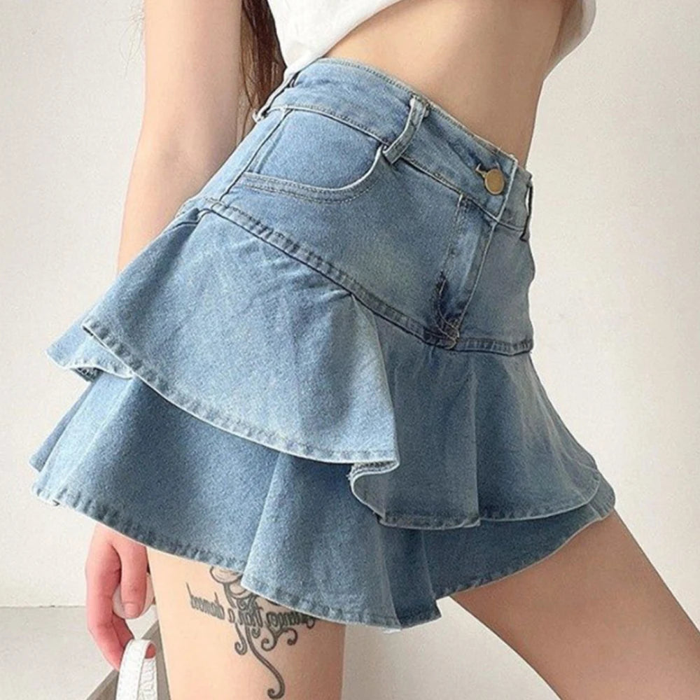 Falda pantalón vaquera vintage para mujer, moda coreana de verano, cintura alta, línea A, lavado azul, delgada, bonita, sexy, minifalda vaquera con volantes para mujer