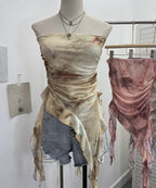 Tie-Dye Mesh Ruffle Edge Asymmetric Tube Top