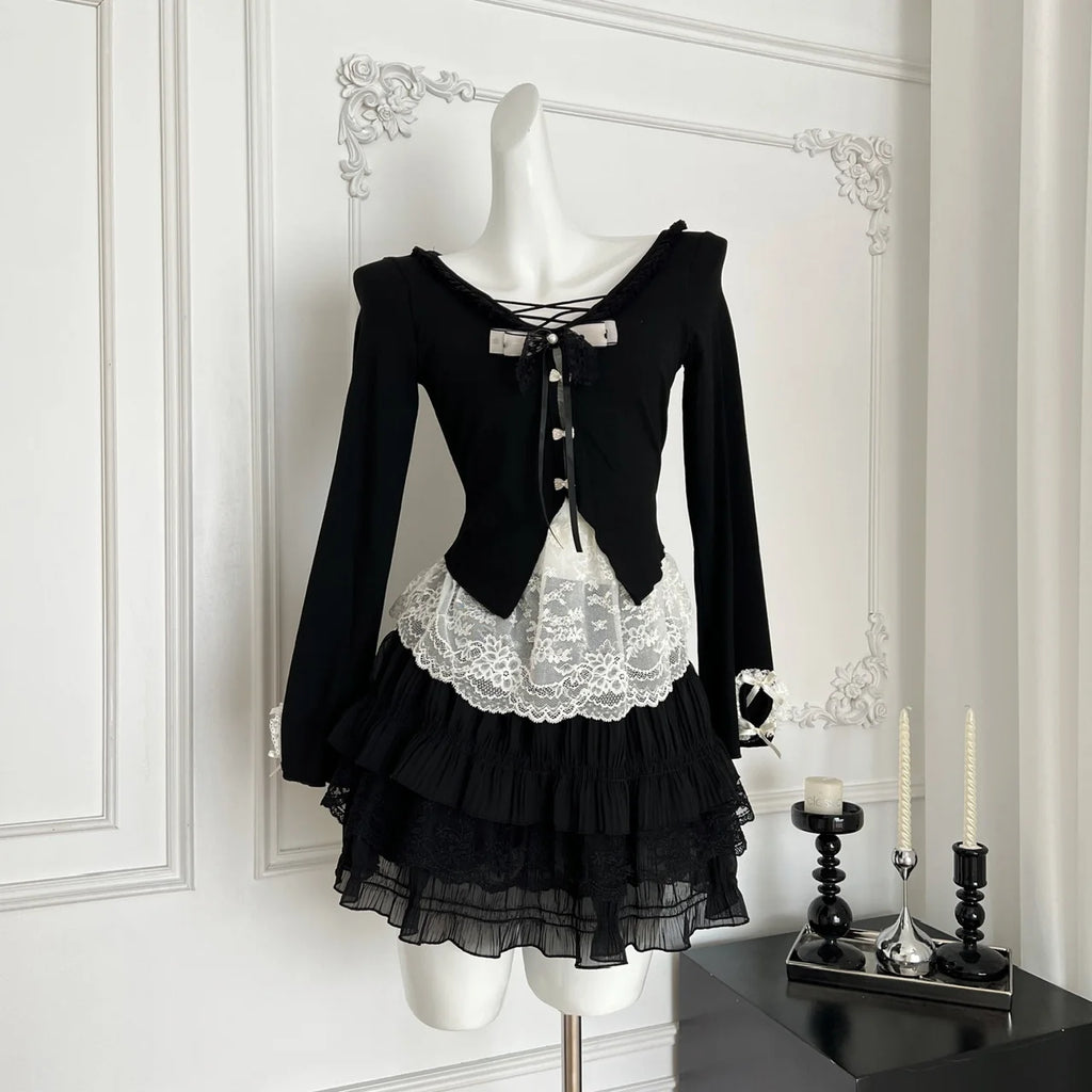 Fake Two-piece Top + Mini Cake Skirt Set