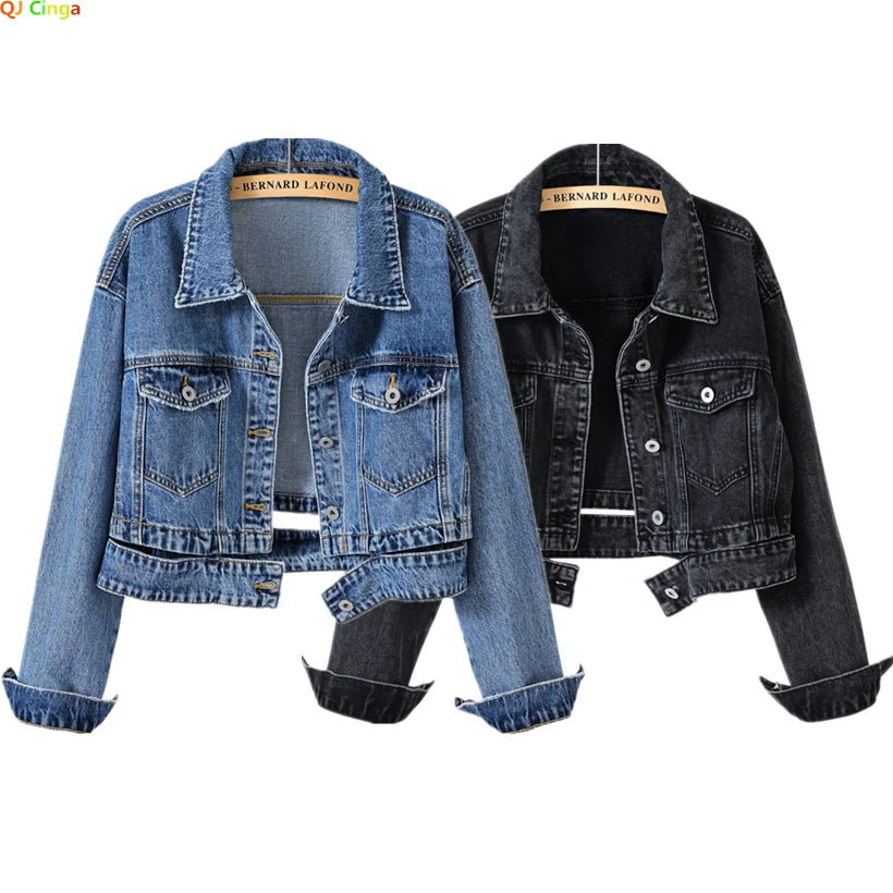 Pantalones Cortos Vaqueros Azules de Mujer 2026, Chaqueta Vaquera, Abrigo Casual de Moda, Abrigo Largo de Mujer de Solapa Negra Abotonado de Manga Larga S-XXXL