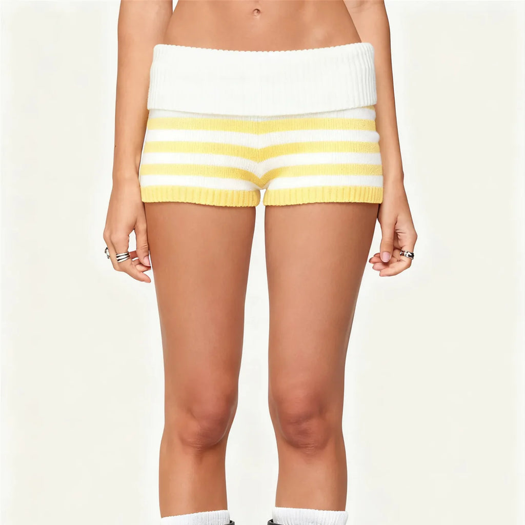 Pantalones cortos de punto a rayas para mujer, de microfibra, para verano, con cintura elástica plegable, ajustados, tipo mini, Y2k, para estar en casa, pantalones cortos de punto, para vacaciones en la playa