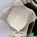 Jersey Básico de Cuello Alto Delgado Sólido Verano 2026 Pulóver Tejido de Manga Corta Ajustado para Mujer