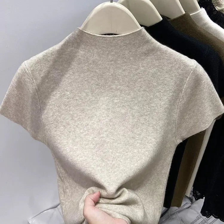 Jersey Básico de Cuello Alto Delgado Sólido Verano 2026 Pulóver Tejido de Manga Corta Ajustado para Mujer