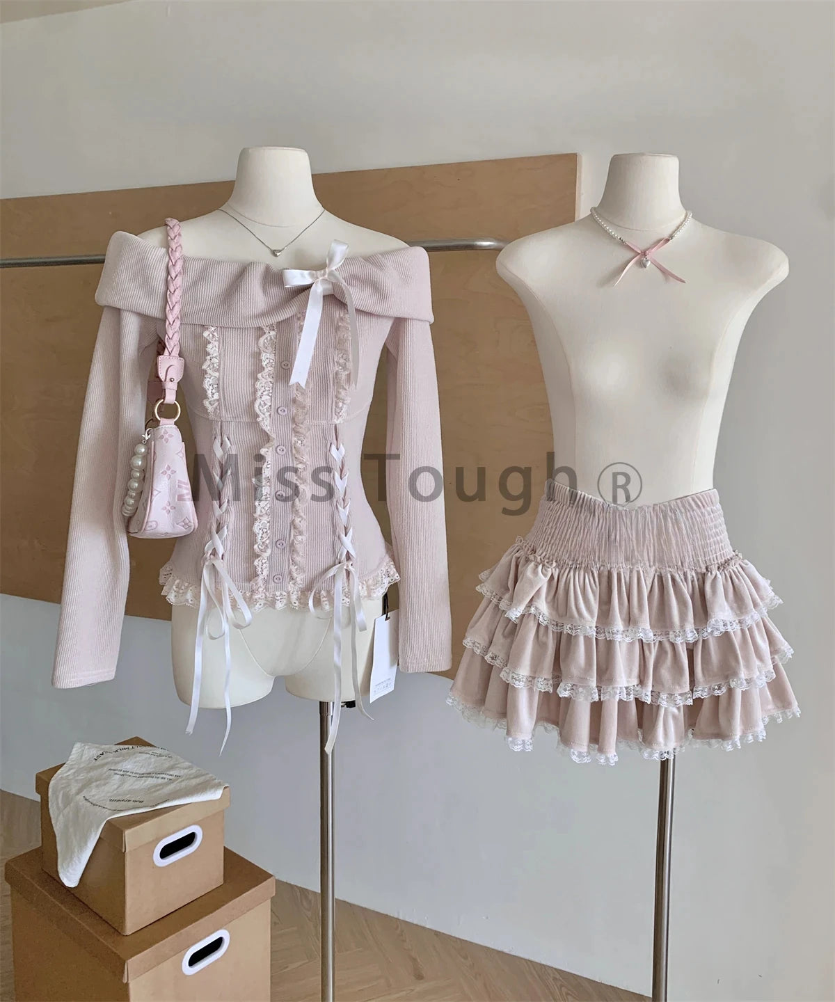 Conjunto de 2 piezas de invierno de punto japonés Kawaii Y2k para mujer, falda elegante de encaje, retro, traje de falda chic, tops + minifalda de pastel 2025