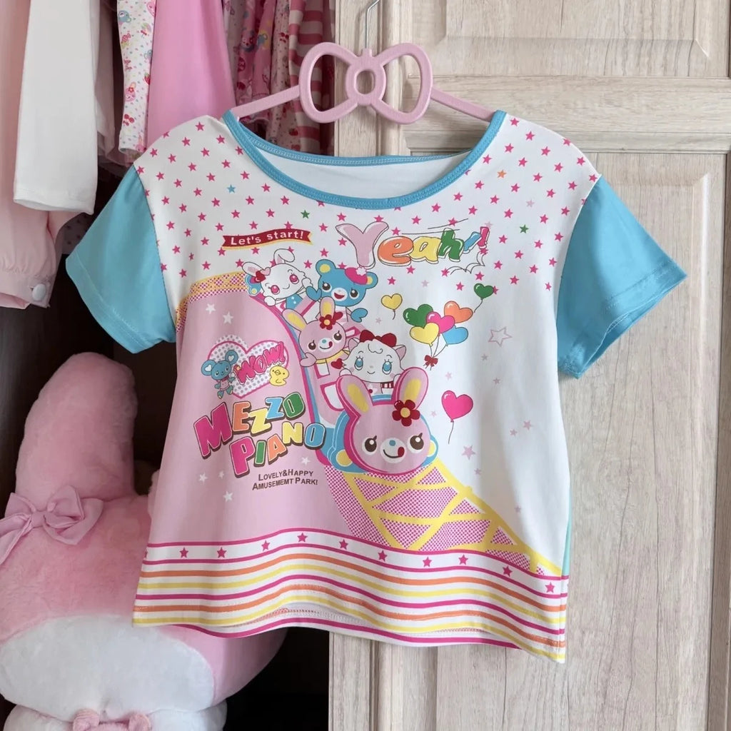 Blusa Estampada Kawaii Sweet Lolita para Mujer Manga con Volantes Encaje Camiseta con Ribete de Lazo Decoración Personaje de Dibujos Animados Estampado Integral Top Lindo