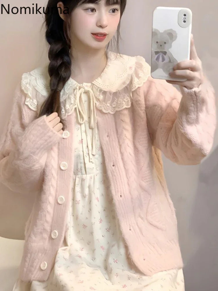 Knit Oversized Cardigan + Peter Pan Collar Floral Dress Set