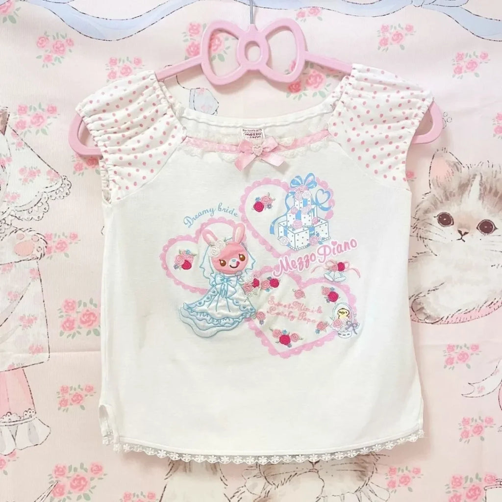 Blusa Estampada Kawaii Sweet Lolita para Mujer Manga con Volantes Encaje Camiseta con Ribete de Lazo Decoración Personaje de Dibujos Animados Estampado Integral Top Lindo
