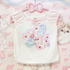 Blusa Estampada Kawaii Sweet Lolita para Mujer Manga con Volantes Encaje Camiseta con Ribete de Lazo Decoración Personaje de Dibujos Animados Estampado Integral Top Lindo