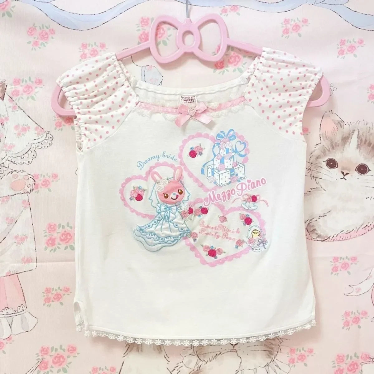 Blusa Estampada Kawaii Sweet Lolita para Mujer Manga con Volantes Encaje Camiseta con Ribete de Lazo Decoración Personaje de Dibujos Animados Estampado Integral Top Lindo