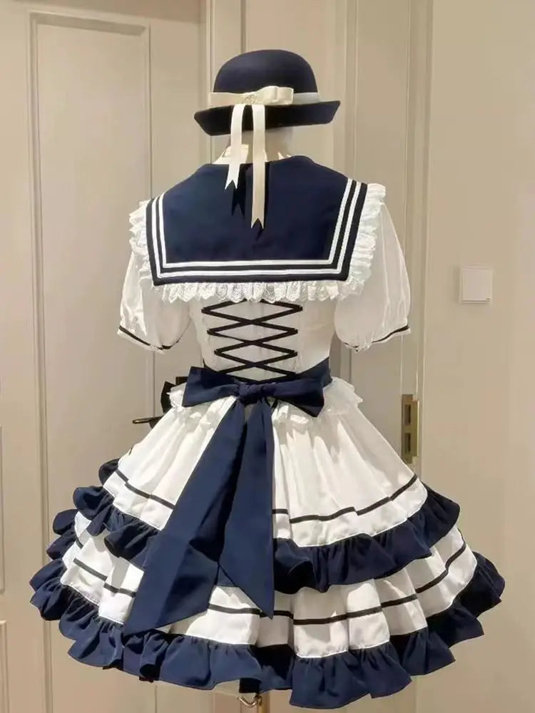 Dulce y adorable conjunto de falda marinera de manga corta con cuello, estilo lolita japonesa kawaii, con lazo de encaje y vestido de fiesta de princesa con cuello marinero.