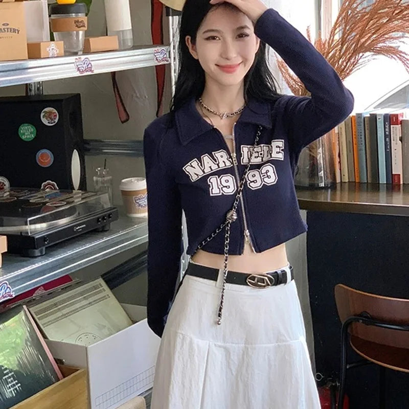 Retro Number Graphic Zip-Front Crop Shirt