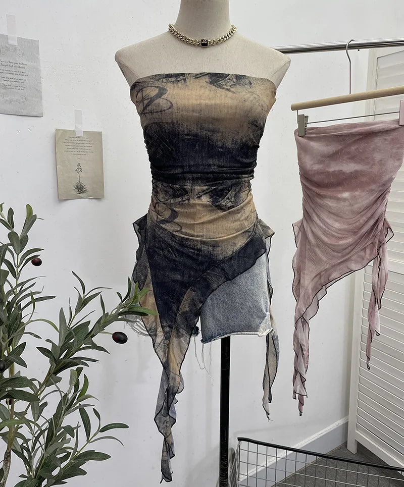 Tie-Dye Mesh Ruffle Edge Asymmetric Tube Top