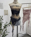 Tie-Dye Mesh Ruffle Edge Asymmetric Tube Top