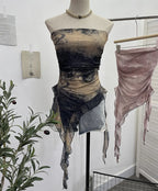 Tie-Dye Mesh Ruffle Edge Asymmetric Tube Top