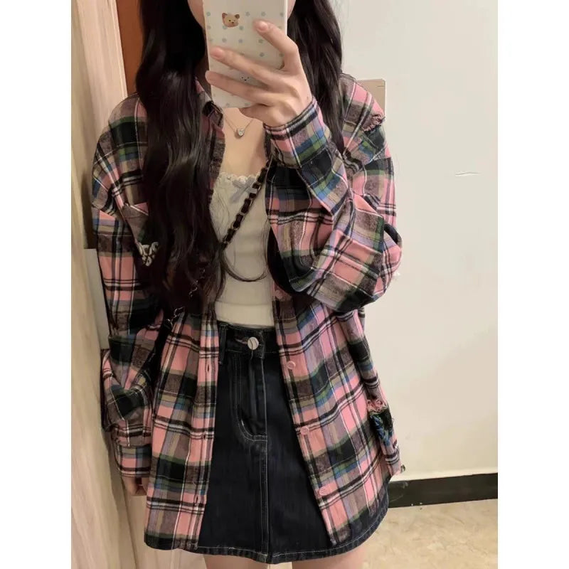 Conjunto de dos piezas de camisa a cuadros y vestido sexy irregular a juego, moda de verano/otoño, elegante cárdigan de estilo coreano con falda a rayas para mujer