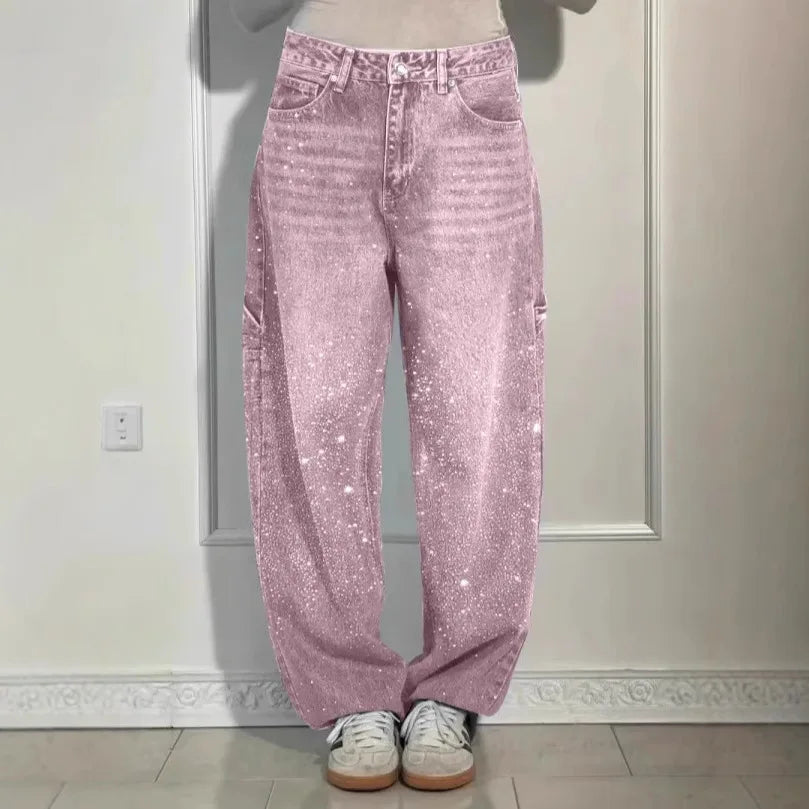 Pantalones vaqueros de mujer con estrellas bordadas y diamantes de imitación, estilo vintage informal de mezclilla con detalles brillantes