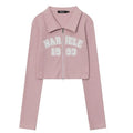 Retro Number Graphic Zip-Front Crop Shirt
