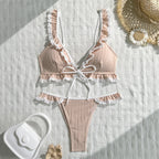 Ruffles Front Tie Lace Patchwork Bikini Set