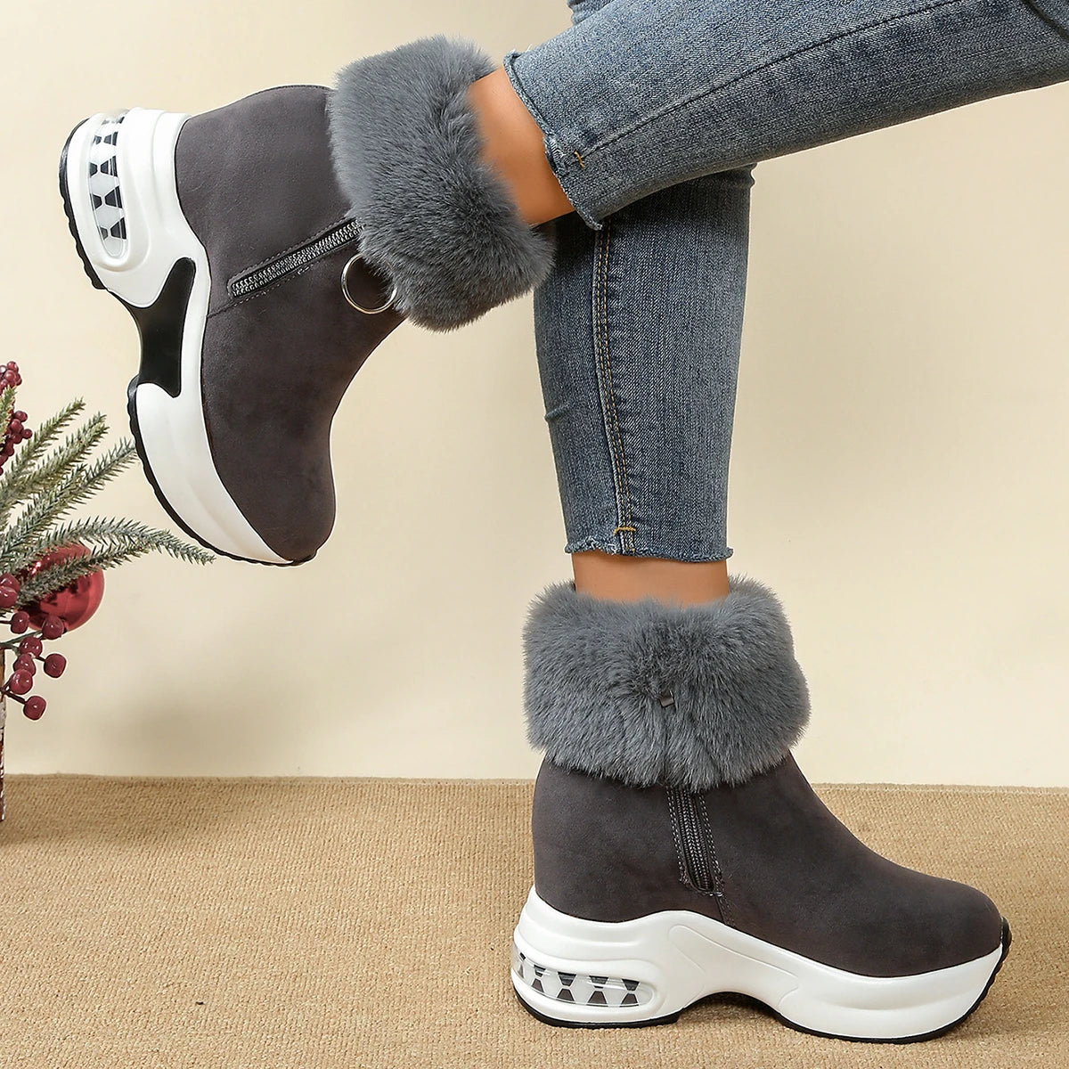 Thick-soled Leopard Print Frosted Zipper Cotton Boots