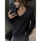 Camiseta Holgada de Talla Grande para Mujer, Negra, Blanca, Otoño, Encaje Suave, Cuello en V, Camiseta Coreana Urbana de Manga Larga, Jersey