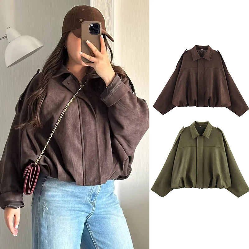 Loose Fit Zippered Turn-Down Collar Jacket