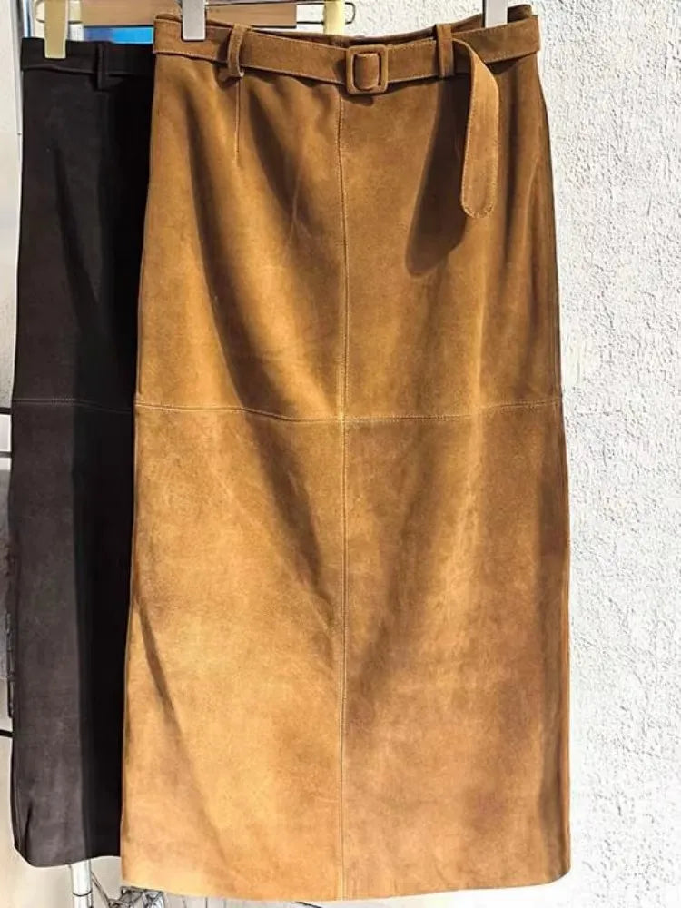 Genuine Leather Suede Long Skirt