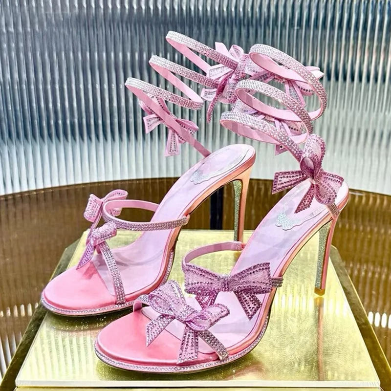 Rhinestone Bow-knot Ankle Snake Shaped Winding Heels
