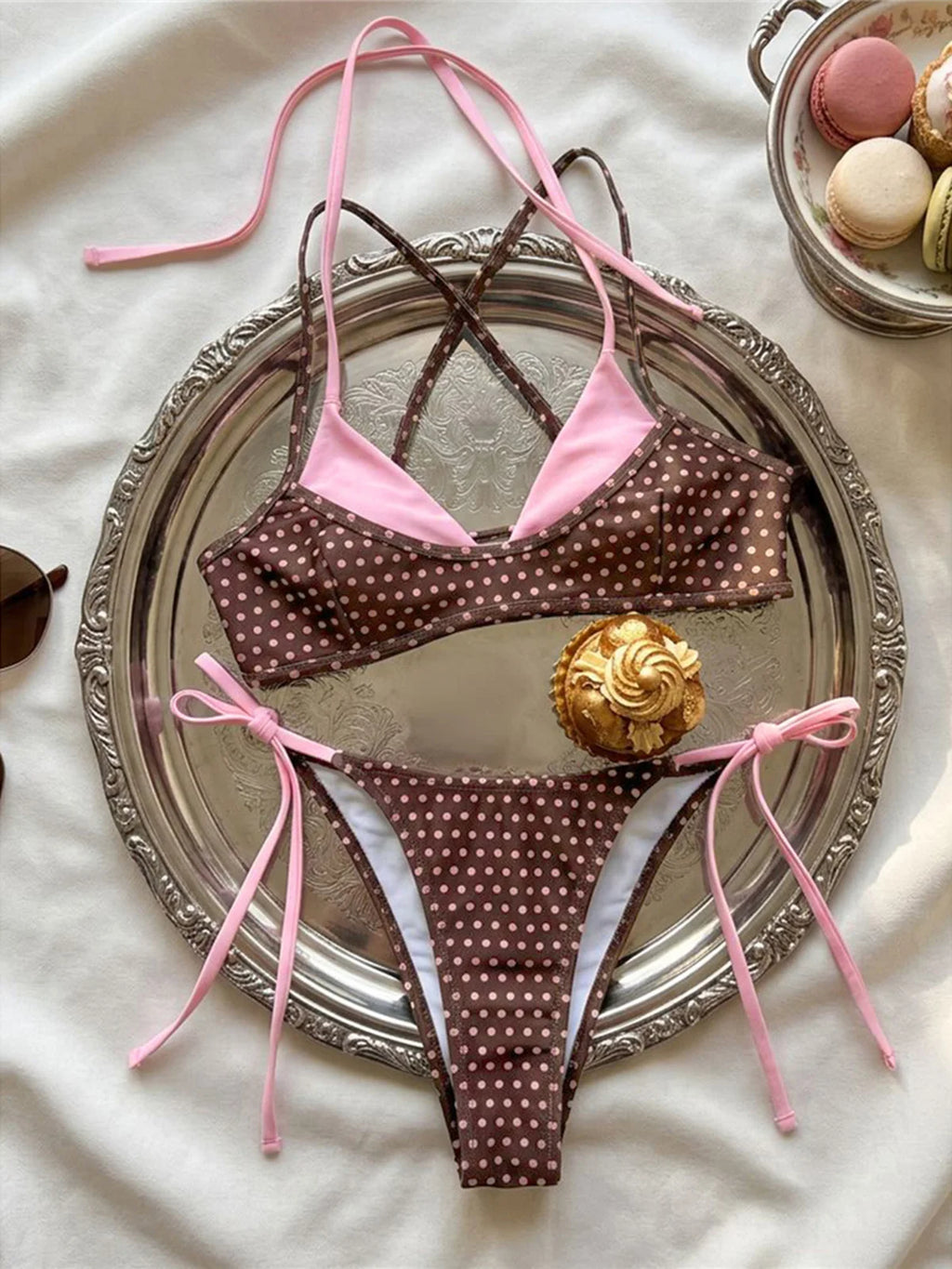 XS - L Sexy bikini de lunares con costuras, halter, para mujer, traje de baño, conjunto de dos piezas, bikini K8208
