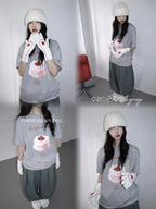 [RE-CON] Camiseta informal de manga corta con estampado de pastel de crema de cereza dulce y linda, versión coreana, 100% algodón