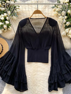 SINGREINY Blusa de lujo con estampado de verano para mujer, manga acampanada, cuello en V, blusas elegantes, ropa de calle, moda para mujer, tops versátiles de vacaciones con estilo Ins
