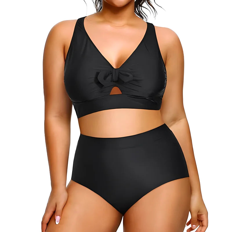 Trajes de baño de dos piezas elegantes negros para mujer, talla grande, control de abdomen, cintura alta, trajes de baño de playa 2024