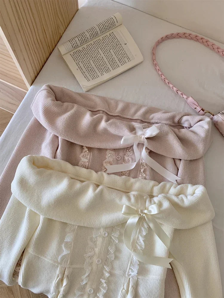 Conjunto de 2 piezas de invierno de punto japonés Kawaii Y2k para mujer, falda elegante de encaje, retro, traje de falda chic, tops + minifalda de pastel 2025
