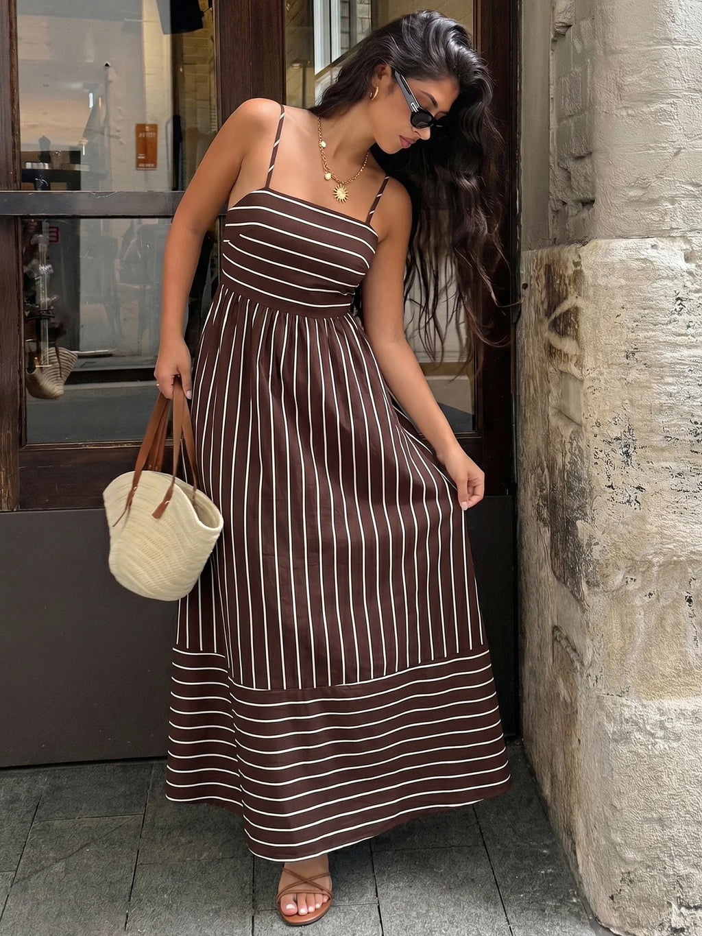 Striped Backless Loose Beach Dress