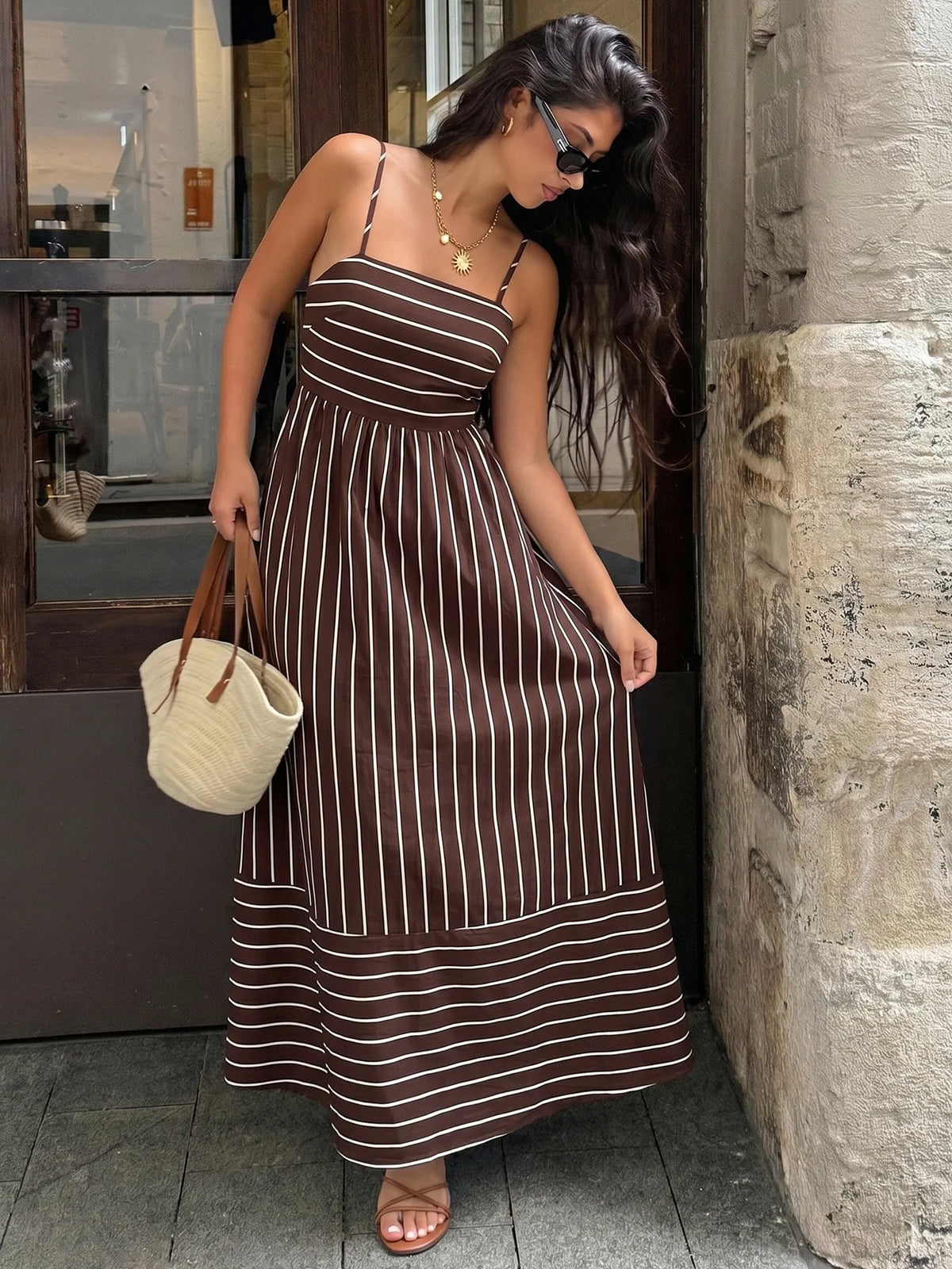 Striped Backless Loose Beach Dress