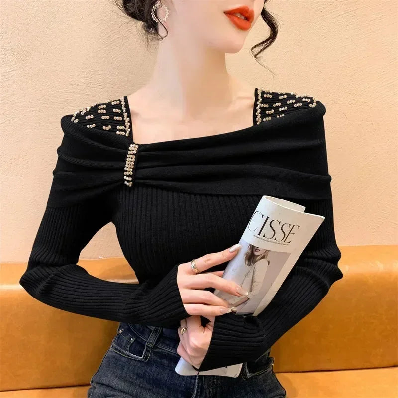 Beading Bow Square Collar Sweater