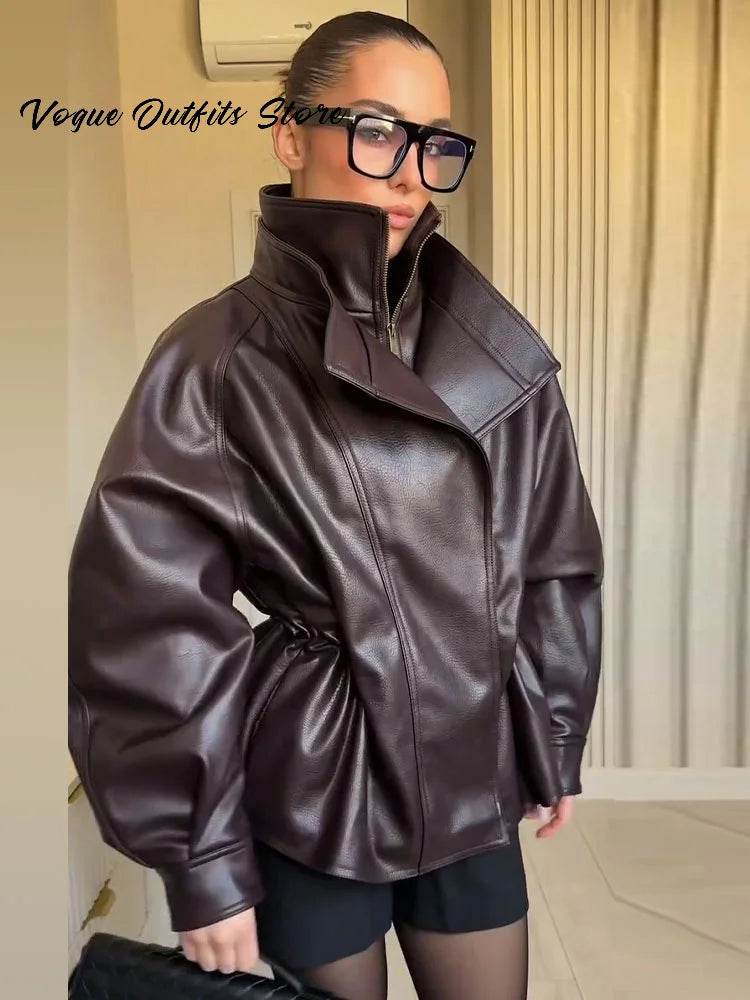 Chaqueta de cuero tipo parka marrón a la moda para mujer, cuello alto oversize, cordón ajustable, cremallera, abrigo de otoño 2026, ropa de calle vanguardista para mujer