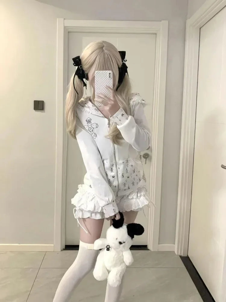 Rabbit Ear Hooded Lace Long Sleeve Sweatshirts Jacket + High Waist Cake Skirt