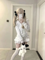 Rabbit Ear Hooded Lace Long Sleeve Sweatshirts Jacket + High Waist Cake Skirt